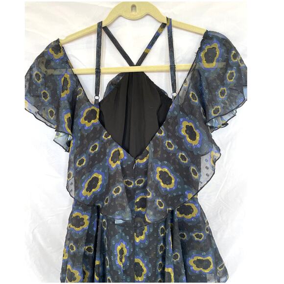 Cynthia Rowley Romantic Tiered Ruffle Maxi Dress, Black Blue Mod Floral Size 4 - Picture 5 of 8